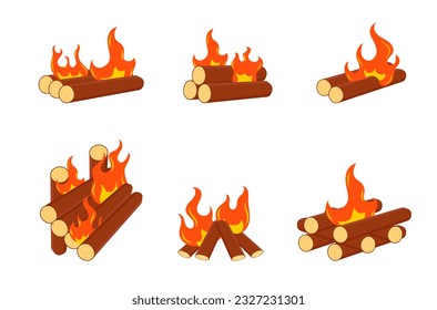 Firewood boards, outdoor bonfire of branches, fire burning wooden logs, flaming, extinct fire bonfire, coals. Camping Hot Bonfire Flat Icon. Vector illustration. 