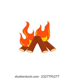 Firewood boards, outdoor bonfire of branches, fire burning wooden logs, flaming, extinct fire bonfire, coals. Camping Hot Bonfire Flat Icon. Vector illustration. 