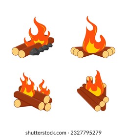 Firewood boards, outdoor bonfire of branches, fire burning wooden logs, flaming, extinct fire bonfire, coals. Camping Hot Bonfire Flat Icon. Vector illustration. 