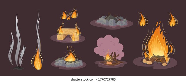 Pizarras de leña, hoguera de ramas y troncos, leña de madera que quema incendios, fuego de llamas y fuego extinguido y carbón. Fuego de madera. Ramas de material maderero, planchas, troncos. Vector de caricatura de camping al aire libre