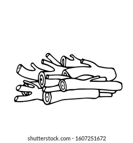 firewood & branches stacked in a woodpile for a rustic stove, vector illustration with black contour lines isolated on a white background in Doodle and hand drawn style