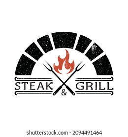 Firewood Brick Oven Grill Barbecue Bbq With Crossed Fork And Fire Flame Logo Design Inspiration