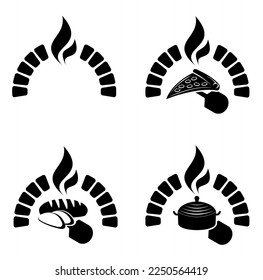 Firewood brick oven logo set. Pizza, Bakery, retro traditional restaurant emblems with shovels and fire flames. Isolated vectors on white background illustration.