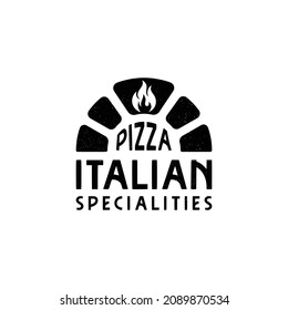 Firewood brick oven with shovel a, pizza logo design vector
