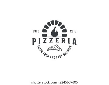 Firewood brick oven with shovel a pizza logo design vector