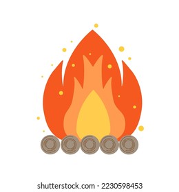 Firewood burning with orange and yellow flames. Campfire on white background isolated.