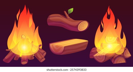 Firewood burning set with bright glowing flames, stacked wooden logs, natural curved trunk with green leaf, split timber plank on dark background. Campfire elements for outdoor adventure or game ui.