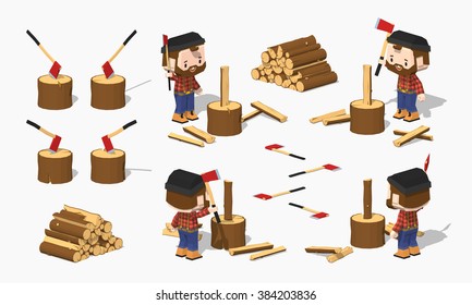 Firewood chopping by lumberjack. 3D lowpoly isometric vector illustration. The set of objects isolated against the white background and shown from different sides