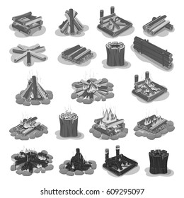 Firewood colorless set with burning and still logs put in shapes of square, round and roof. Vector poster in flat style of touristic campfire set isolated on white. Hot gathered burning wood pieces