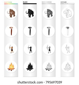 Firewood, fire, age, and other web icon in cartoon style.Arrow, skin, bonfire, icons in set collection.