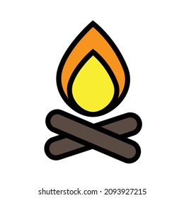 Firewood and fire. Camp night symbol. Cartoon style. Warning sign. Bonfire emblem. Vector illustration. Stock image. 