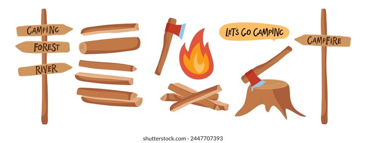 Firewood for fire in forest hike. Pointer arrow, Firewood piles, stacked bonfire firewoods vector set. Fire with chopped wood. Sticks ore firewood burn. Hand drawn cartoon illustration isolated.