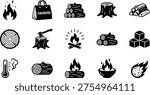 Firewood and fire icon collection featuring logs, stumps, flames, campfire, axe, thermometer, vector illustration black and white design
