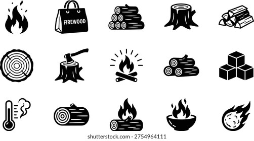Firewood and fire icon collection featuring logs, stumps, flames, campfire, axe, thermometer, vector illustration black and white design