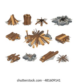 Firewood fireplace stack vector wooden material. Some bonfire tool design elements. Wooden logs stack