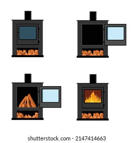 Firewood in a fireplace stove isolated on white background. Classic fireplace stove with chimney pipe collection. Vector