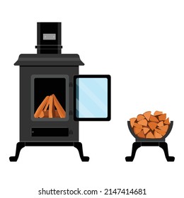 Firewood in a fireplace stove and fireplace stand full of firewood isolated on white background. Classic fireplace stove with chimney pipe. 