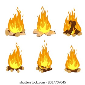 Firewood flames, burn campfire or bonfire flame fireplace. Cartoon vector illustration isolated symbols set. Wood campfire set, travel and adventure symbol