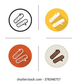 Firewood flat design, linear and color icons set. Chopped wood log for campfire. Outdoor camping activity items. Long shadow logo concept. Isolated firewood vector illustrations. Infographic elements