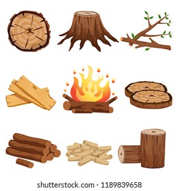 Firewood flat elements collection with tree stump branches cut logs circular segments planks campfire isolated vector illustration 