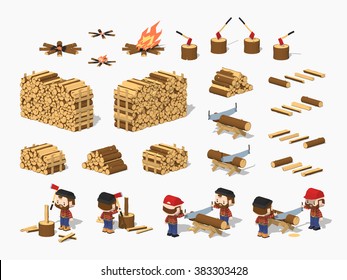 Firewood harvesting by lumberjacks. 3D lowpoly isometric vector illustration. The set of objects isolated against the white background and shown from different sides