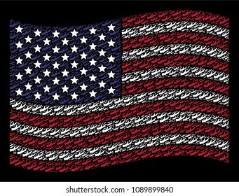 Firewood icons are grouped into waving American flag stylization on a dark background. Vector composition of USA state flag is formed from firewood items.