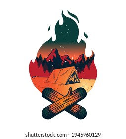 ilustración de leña con objetos de tienda y bosque