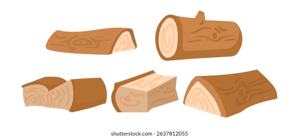 Firewood Logs Cartoon Collection. Set of five cartoon-style firewood logs in various shapes and angles. Flat illustration with soft brown tones, isolated on white background.