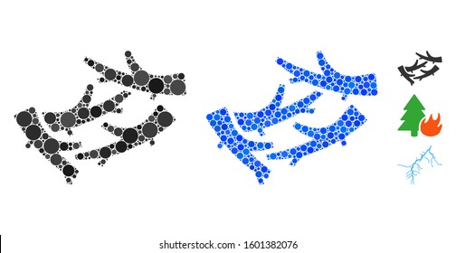 Firewood mosaic of small circles in different sizes and color tints, based on firewood icon. Vector random circles are organized into blue composition. Dotted firewood icon in usual and blue versions.