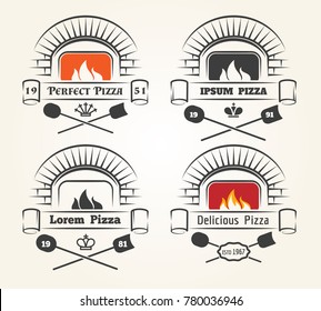 Firewood Oven Pizza Logo. Traditional Pizzeria Emblems With Fire, Old Wood Fired Brick Oven And Shovels Isolated On White Background, Vector Illustration