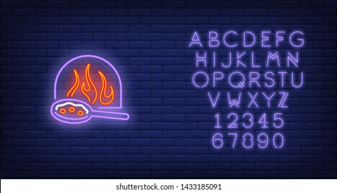Firewood oven and pizza in pan neon sign. Pizzeria advertisement design. Night bright neon sign, colorful billboard, light banner. Vector illustration in neon style.