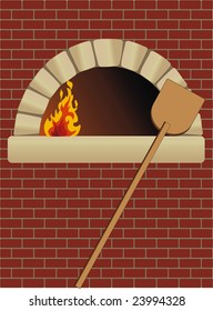 firewood oven with shovel on brick wall