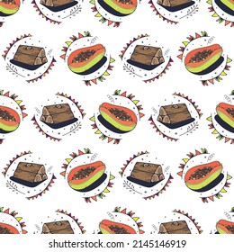 Firewood and Papaya. Seamless pattern on a white background. Cute vector illustration.