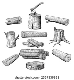 Firewood pile ink sketch. Logs twigs branches driftwood firewood lumber set isolated vector illustration