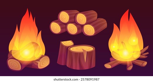 Firewood piles and fire set isolated on background. Vector cartoon illustration of wood logs, pieces of cut trunk, burning campfire flame, timber with bark, natural construction or heating material