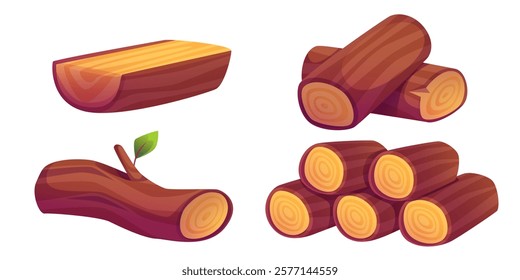 Firewood piles set isolated on white background. Vector cartoon illustration of wood logs, pieces of cut trunk and branches for campfire, timber with bark, natural construction or carpentry material