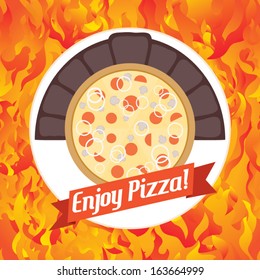 Firewood pizza brick oven over seamless fire texture vector illustration