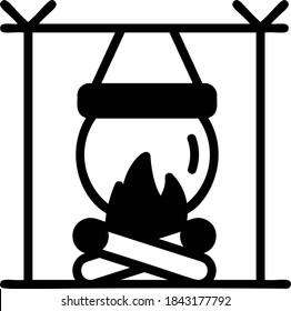 Firewood and pot design vector Glyph  icon, Campsite and winter sports equipment on white background, Campsite Cooking Concept,