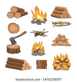 Firewood set of icons with burning flame and woods symbols flat vector illustrations isolated on white background. Warning safety signs and camping fireplace emblemes.