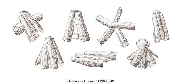 Juego de leña. Pieza de madera para la hoguera. Esbozo dibujado a mano vectorial aislado en fondo blanco. Ilustración de textura gráfica