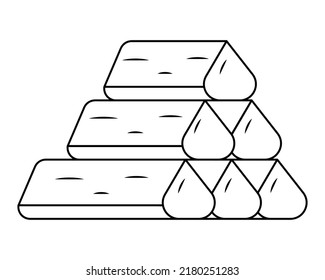 Firewood. Sketch. Wood material for ignition of a fire and a brazier. The logs are stacked in a pyramid. Vector illustration. Coloring book for children. Isolated background. Doodle style. 