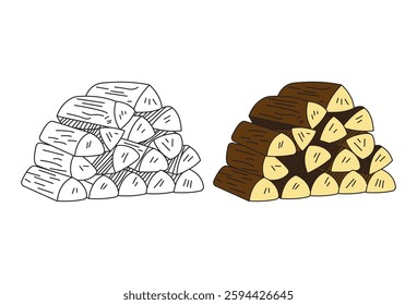 Firewood Stack vectors, A stack of firewood neatly piled up. Chopped wooden logs arranged for a bonfire, depicted in a flat vector illustration. A cartoon-style firewood pile set against a white backg