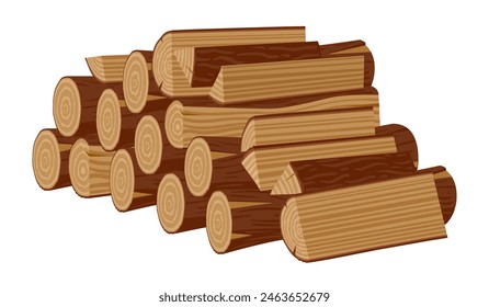 Firewood stacked in pile. Chopped wooden logs, wooden bonfire logs flat vector illustration. Cartoon firewood pile on white