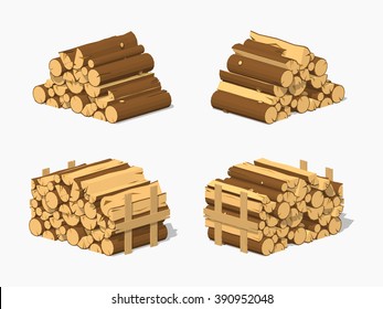 Firewood stacked in piles. 3D lowpoly isometric vector illustration. The set of objects isolated against the white background and shown from different sides