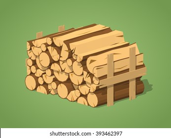 Firewood stacked in piles against the green background. 3D lowpoly isometric vector illustration