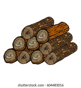 Firewood stacked in piles against. Log. Vector illustration of the texture of a log. Hand drawn stump, log.