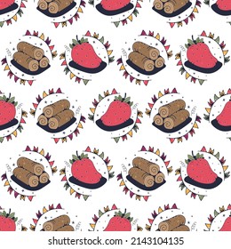 Firewood and Strawberries. Seamless pattern on a white background. Cute vector illustration.