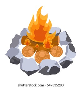 Firewood surrounded by stones vector illustration isolated on white.