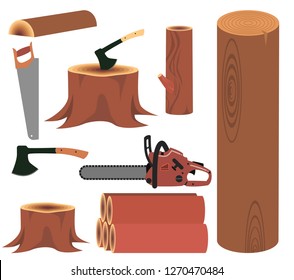 Firewood and tools for cutting wood. Isolated on a white background.