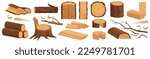 Firewood, trunks stump, planks, forestry and lumber industry cartoon flat vector illustration set